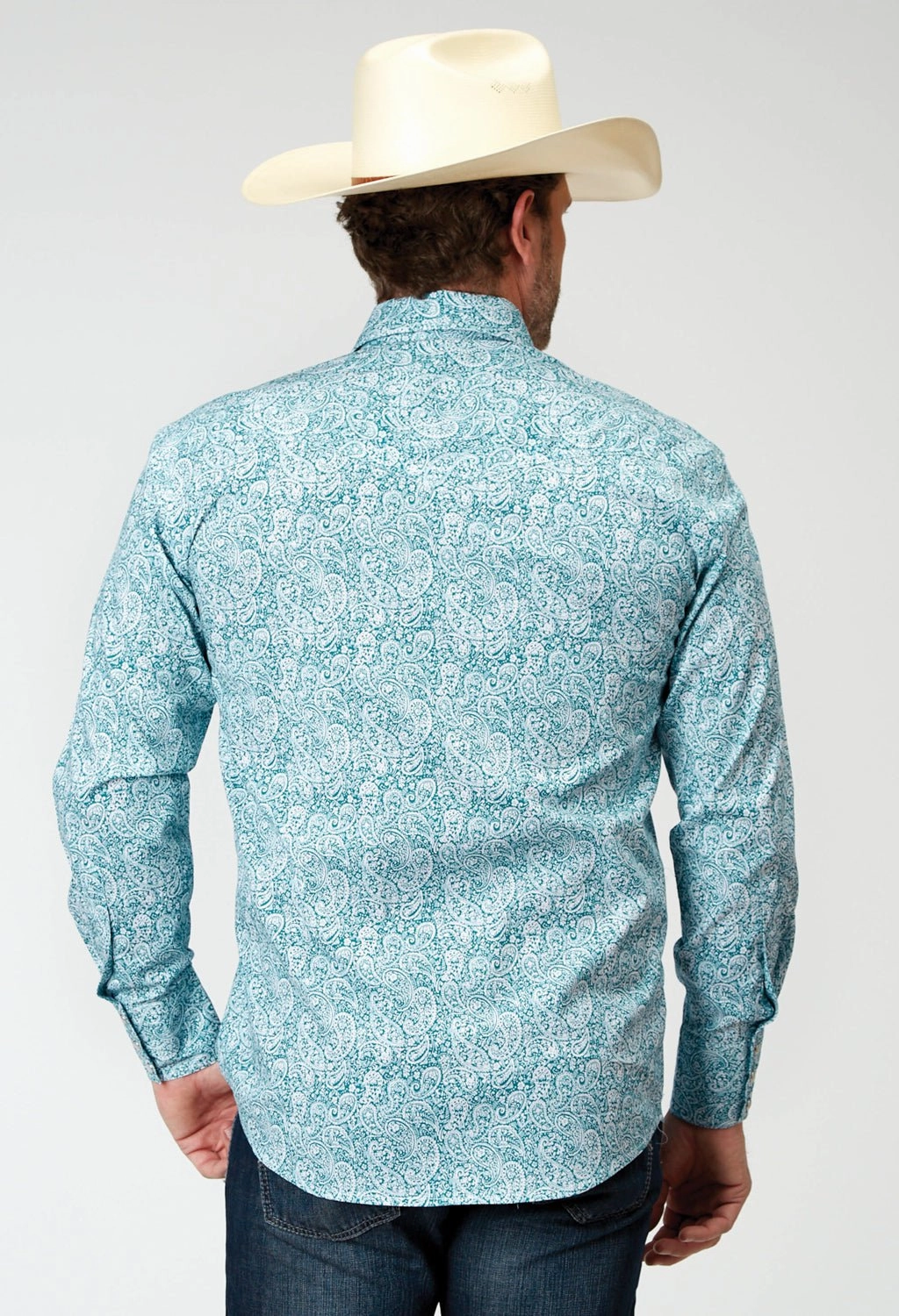 adult clothing Roper Mens Paisley Teal Cotton Blend L/S Shirt
