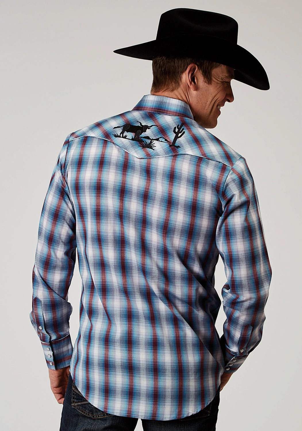 Travel-friendly City Exploration Roper Mens Americana Plaid Bull Grey Cotton Blend L/S Shirt