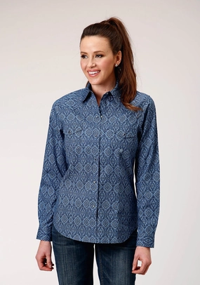 Compact Packing Roper Womens Medallion Paisley Blue 100% Cotton L/S Shirt