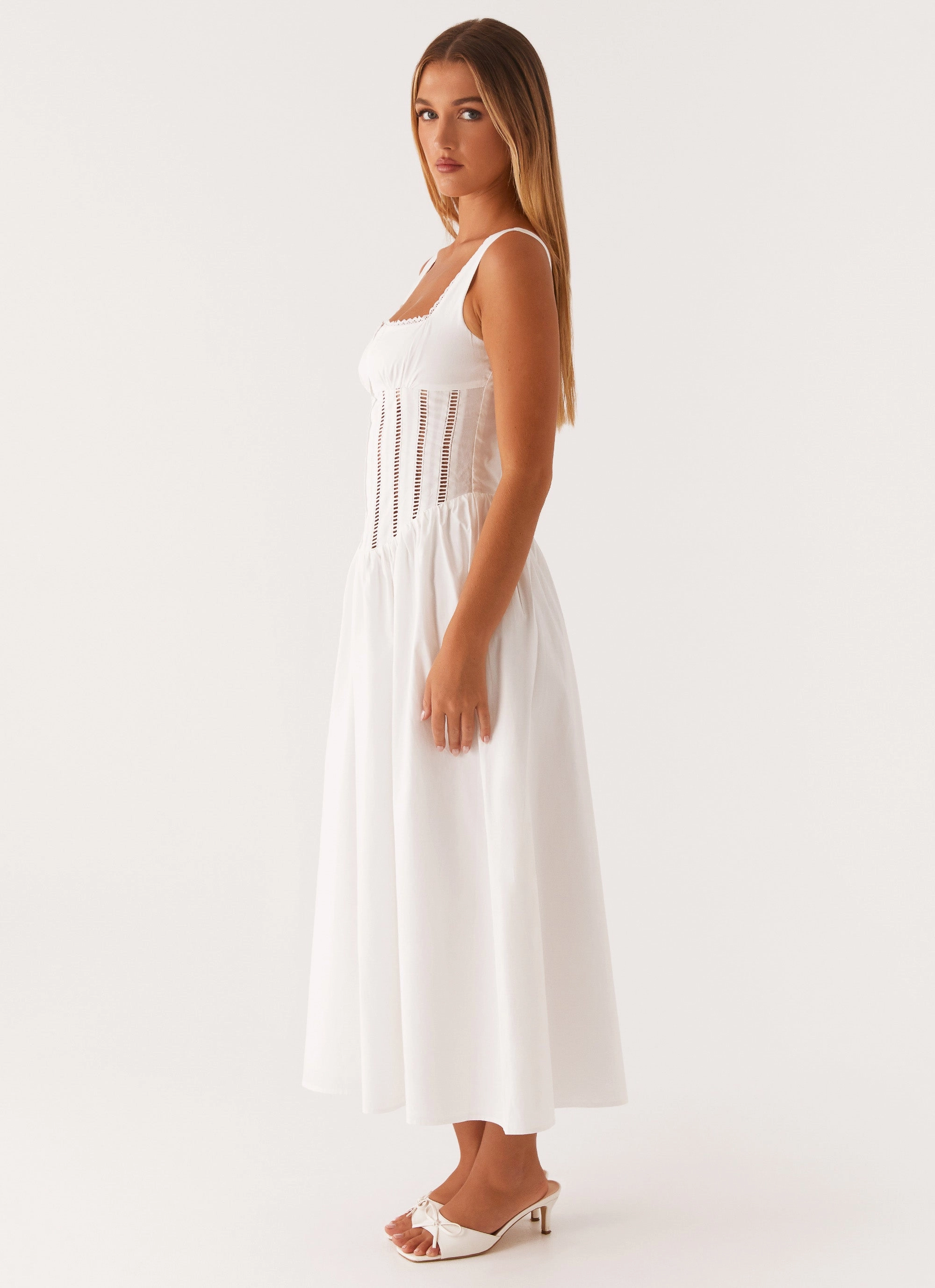 Waiting On You Midi Dress - White Empire Waist