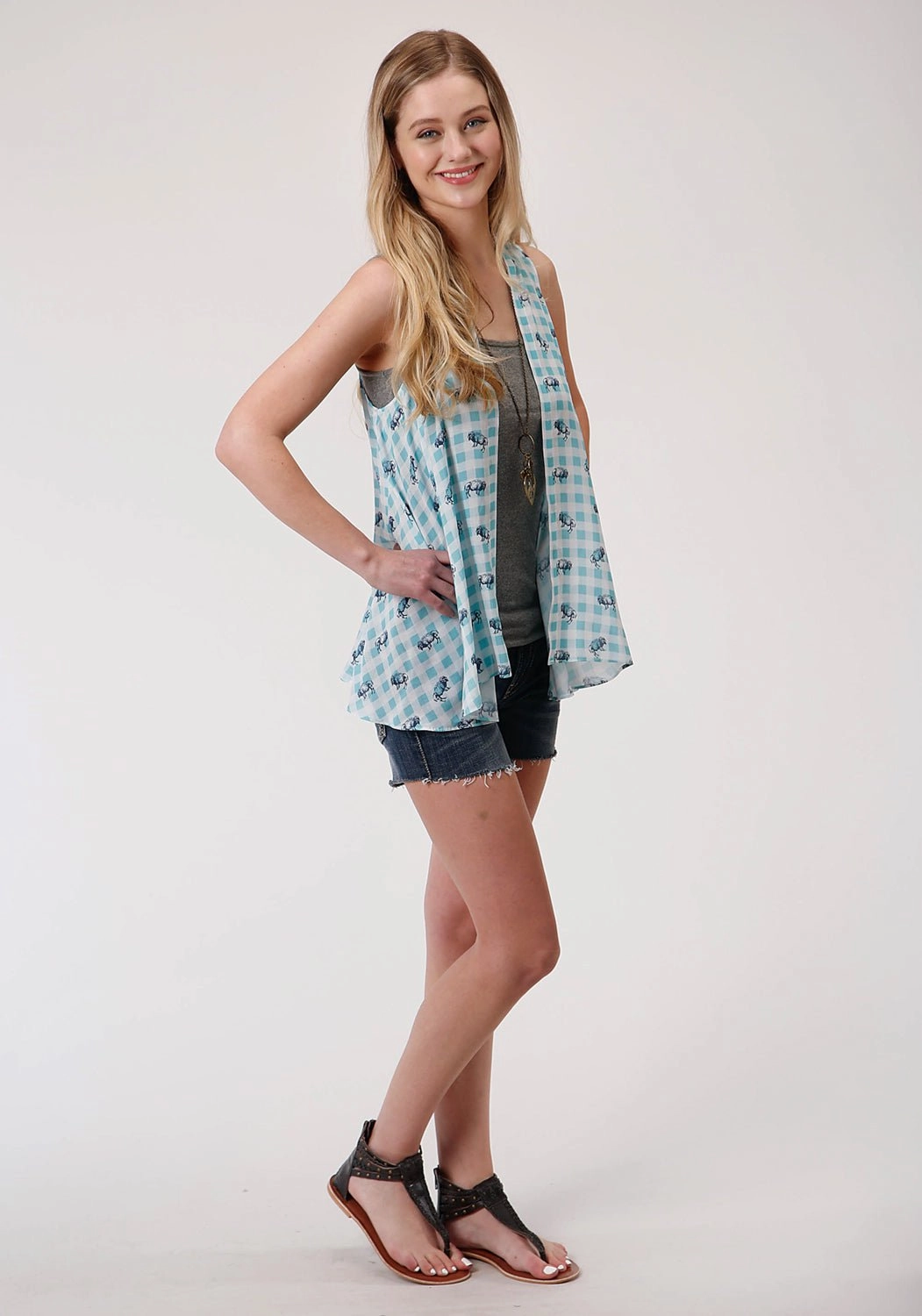 Roper Womens Buffalo Check Turquoise 100% Rayon Cardigan Sweater Casual Knit Style