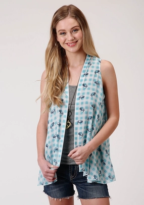 Roper Womens Buffalo Check Turquoise 100% Rayon Cardigan Sweater Effortless Comfort Wear Classic Crew Neck