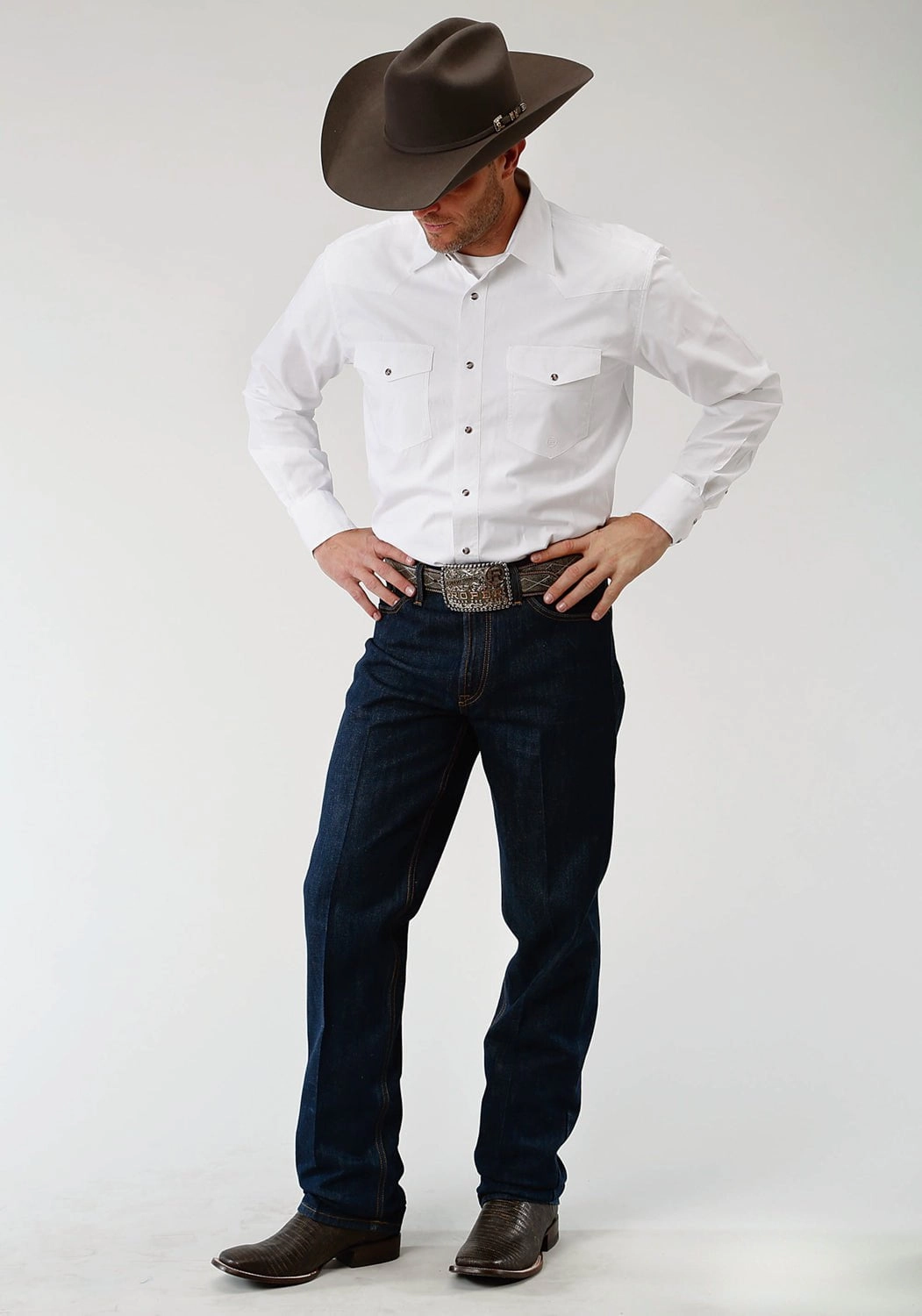 Non Iron Fabric Roper Mens Solid Color White 100% Cotton L/S Shirt