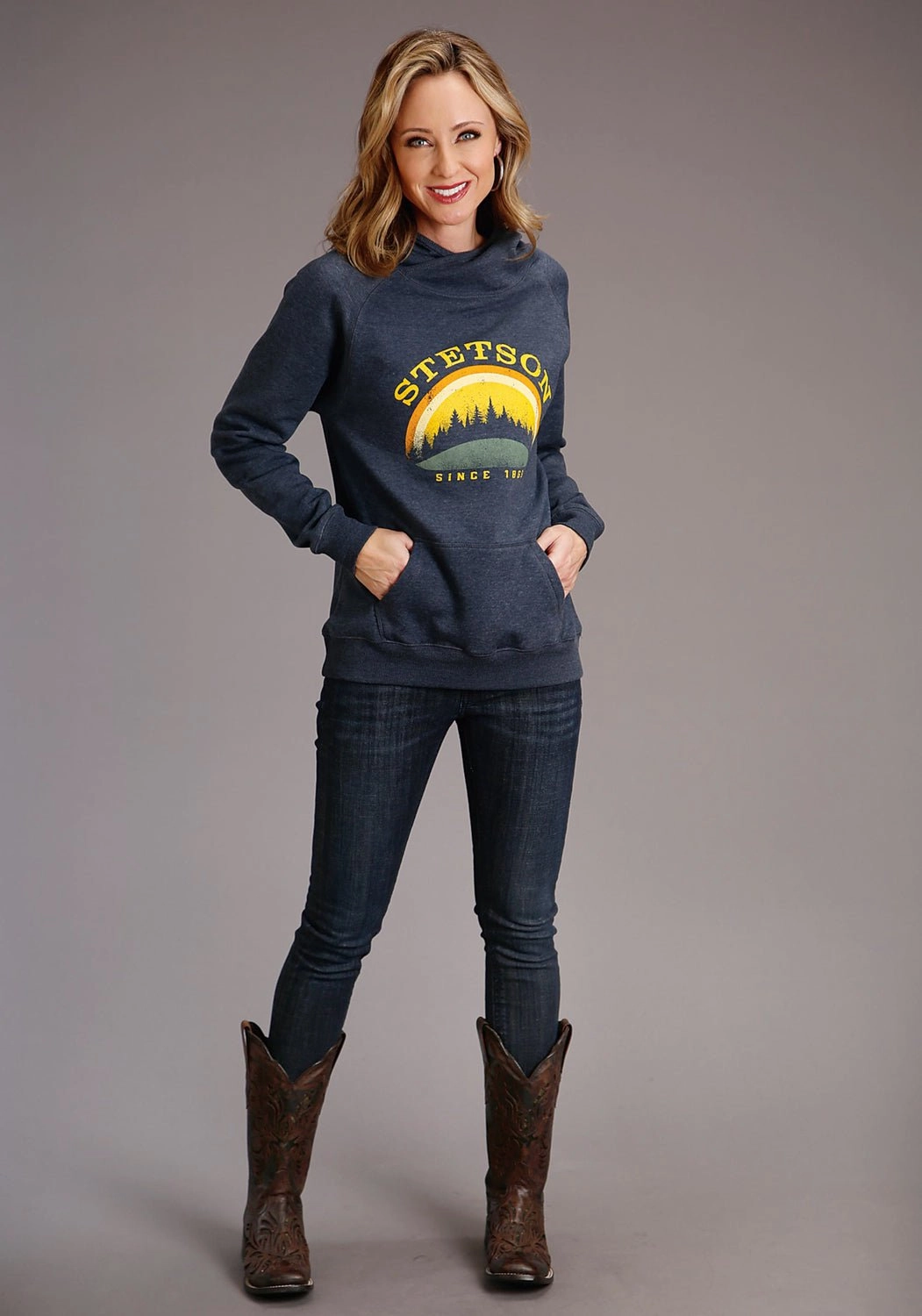 Stetson Womens Blue Cotton Blend Sunset and Trees Hoodie Comfy Knit Outfit Classic Knitwear