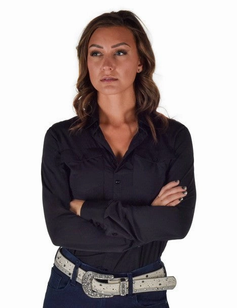 Cowgirl Tuff Womens Breathe Pullover Black Nylon L/S Shirt Cruise Collection Layered Design