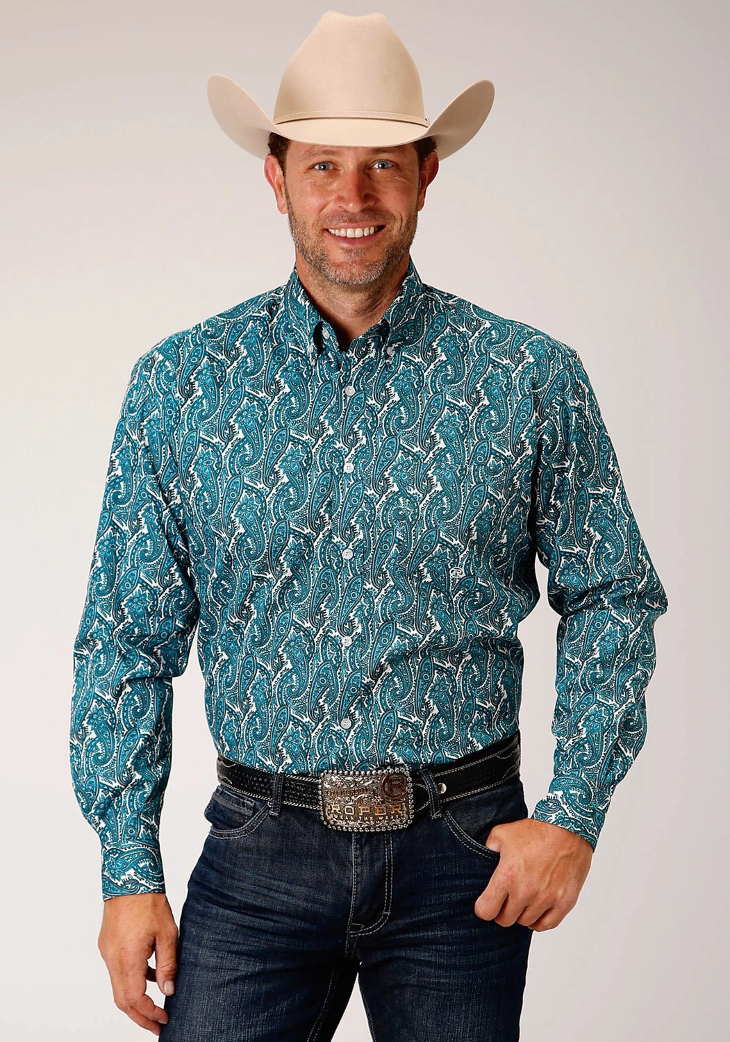 Striped style Roper Mens Turquoise 100% Cotton Upstream Paisley BD L/S 1 Pkt Shirt