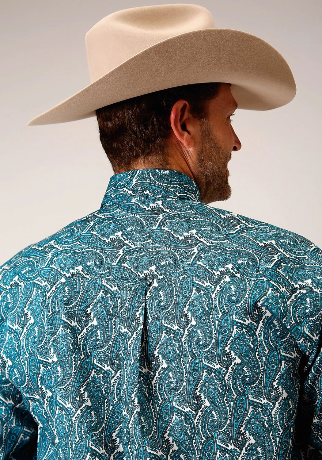 Essential Wardrobe Streamlined Design Roper Mens Turquoise 100% Cotton Upstream Paisley BD L/S 1 Pkt Shirt