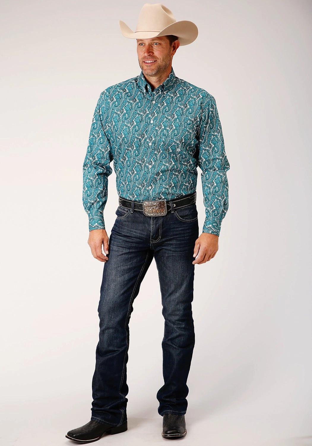 Thermoregulating Fabric Roper Mens Turquoise 100% Cotton Upstream Paisley BD L/S 1 Pkt Shirt