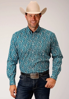 Striped style Roper Mens Turquoise 100% Cotton Upstream Paisley BD L/S 1 Pkt Shirt