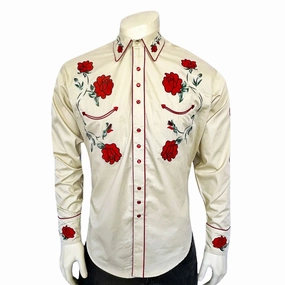 Gender Neutral Rockmount Mens Crochet Rose Floral Khaki 100% Cotton L/S Shirt