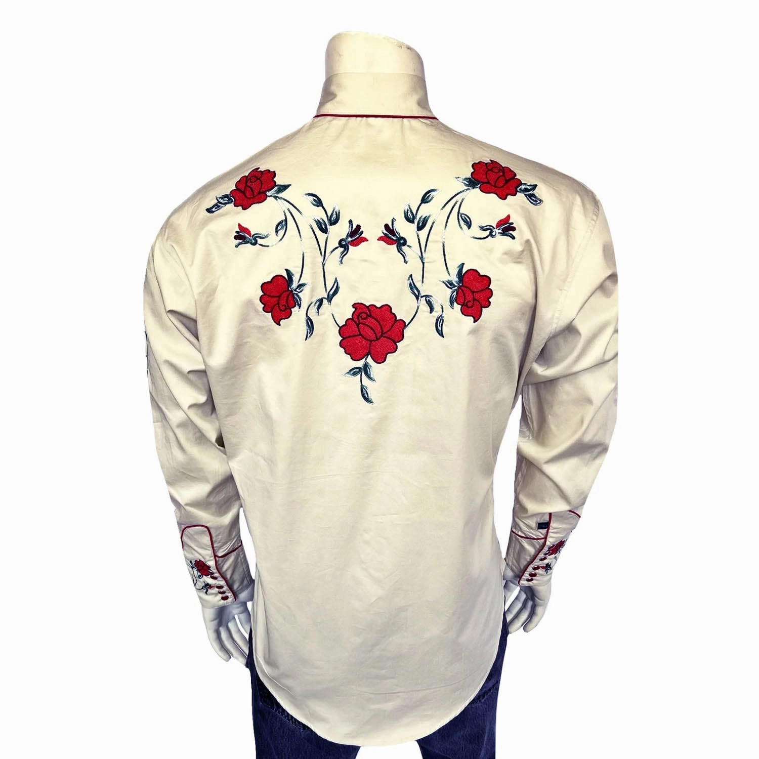 Rockmount Mens Crochet Rose Floral Khaki 100% Cotton L/S Shirt Solid Color Reinforced Seams