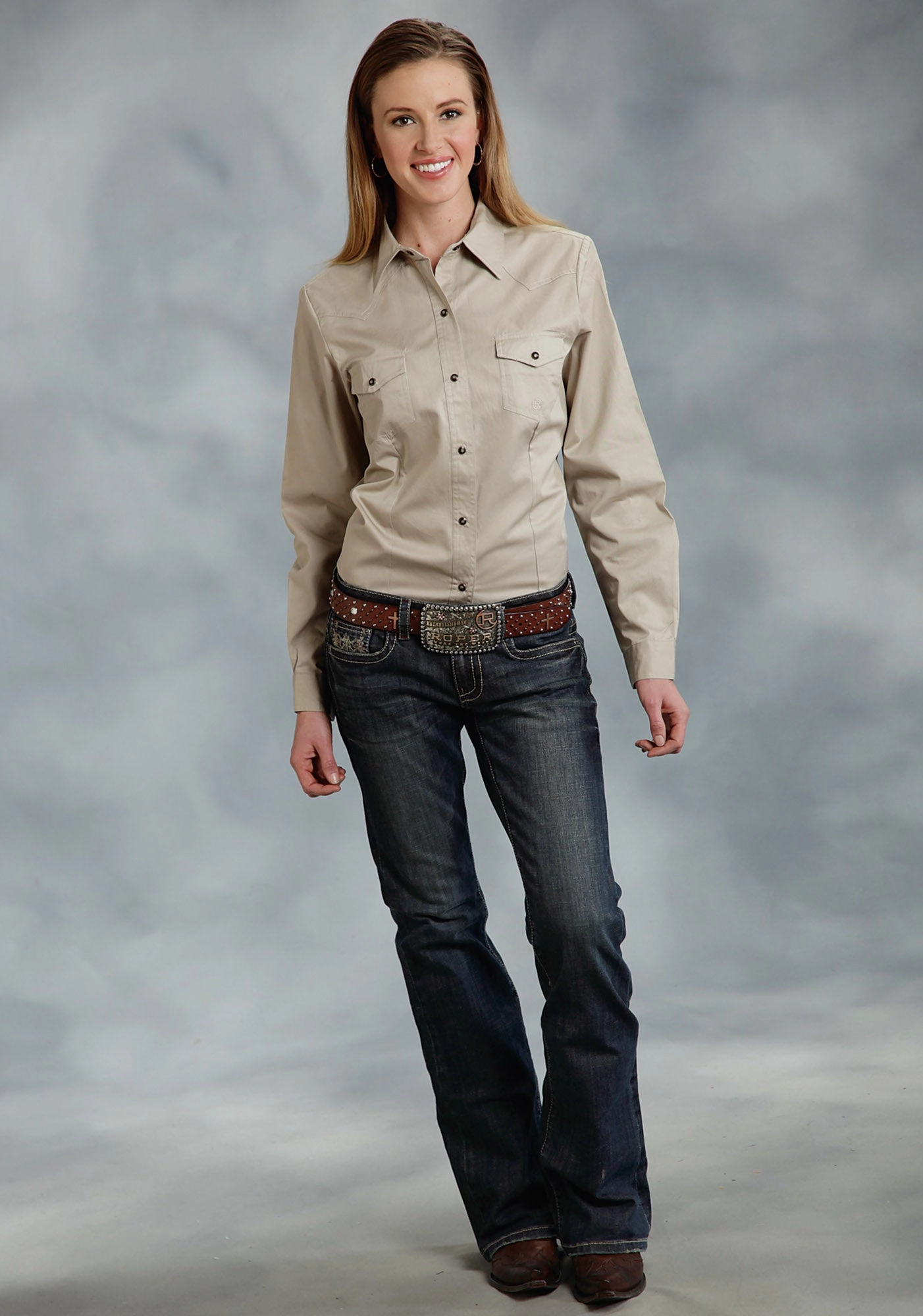 Eco Friendly Material Roper Special Program Ladies Tan 100% Cotton L/S Poplin Western Shirt