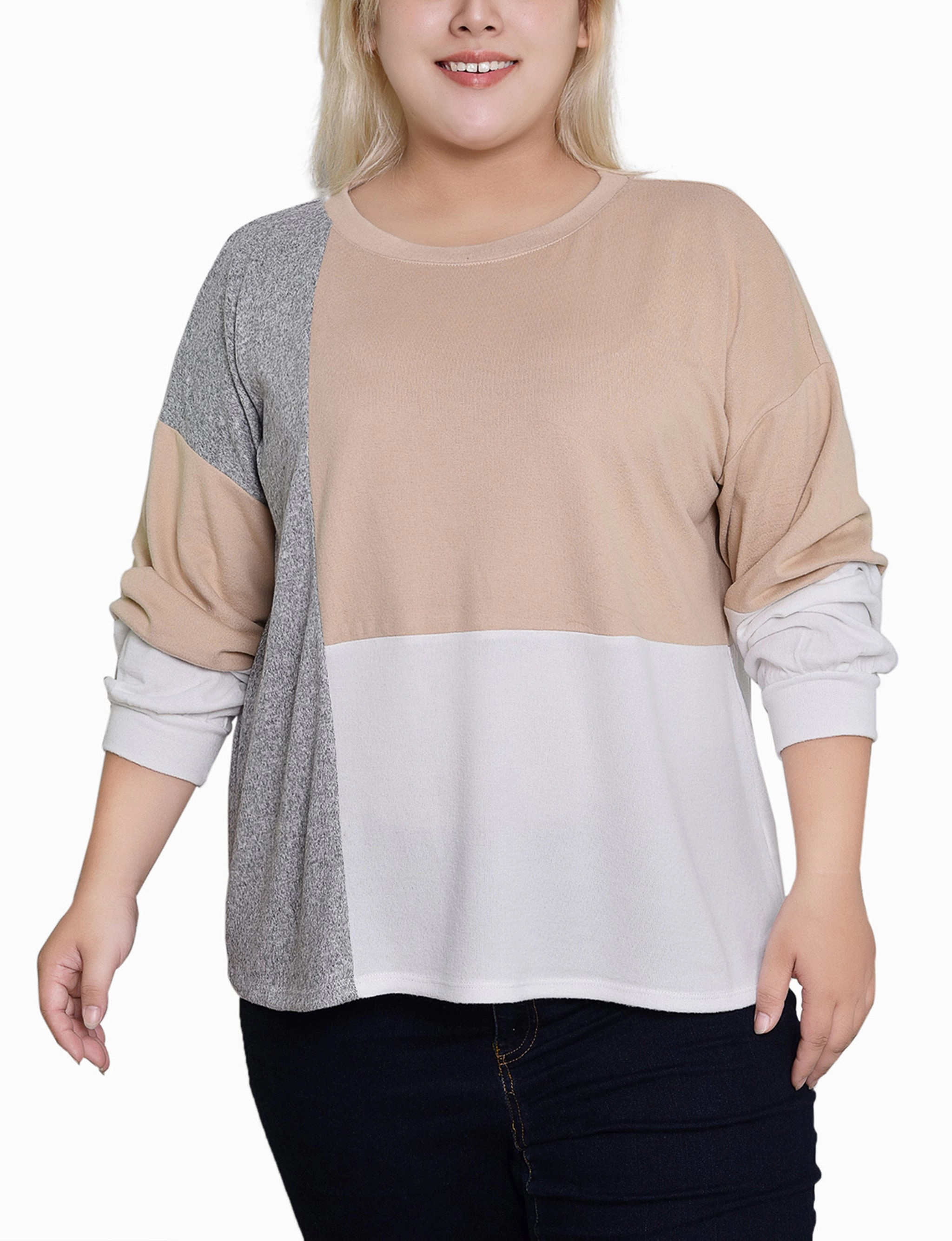 City Layer Color-Blocked Plus Size Long Sleeve Colorblocked Top