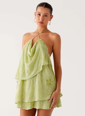 On The Go Beaded Mini Dress - Mint Asymmetrical hem