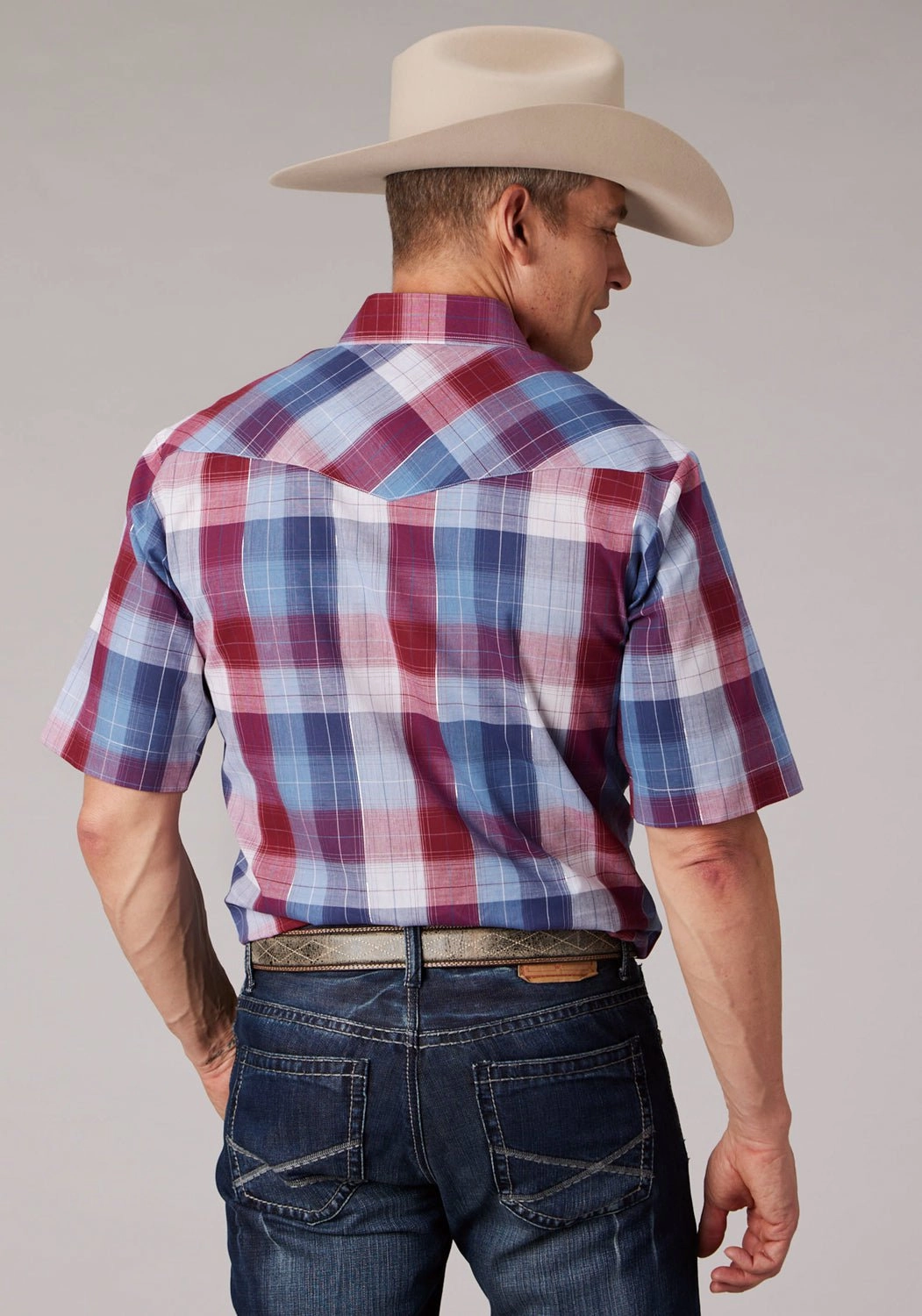 Roper Mens 2059 Lurex Plaid Red/White Cotton Blend S/S Shirt Soft Touch Spring Trend