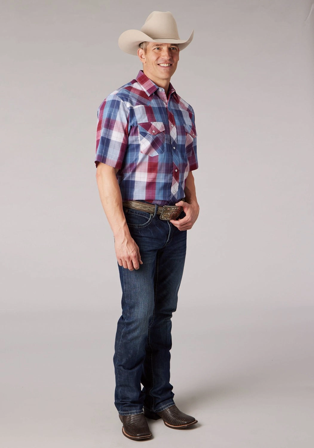 Roper Mens 2059 Lurex Plaid Red/White Cotton Blend S/S Shirt Mesh Insert