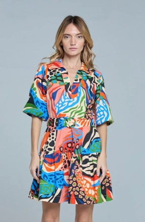 Fluid Shape Printed Bubble Sleeve Mini Dress in Red Multi