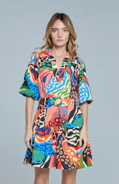 Fluid Shape Printed Bubble Sleeve Mini Dress in Red Multi