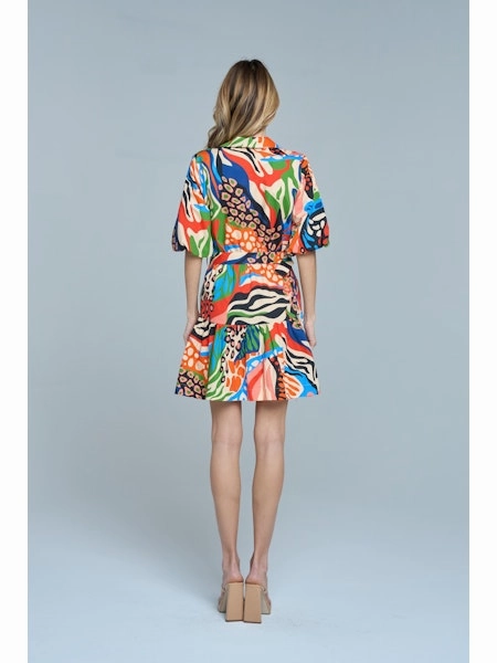 Soft Stitch Easy Movement Printed Bubble Sleeve Mini Dress in Red Multi