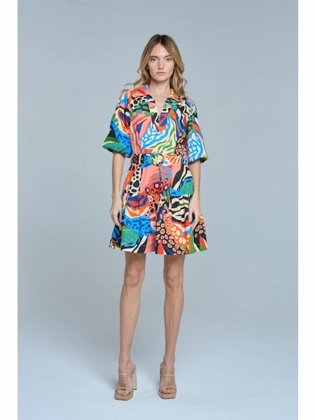 Printed Bubble Sleeve Mini Dress in Red Multi Sleek Drape Artistic Edge