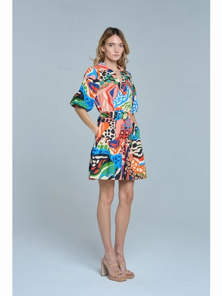 Understated Glam Printed Bubble Sleeve Mini Dress in Red Multi