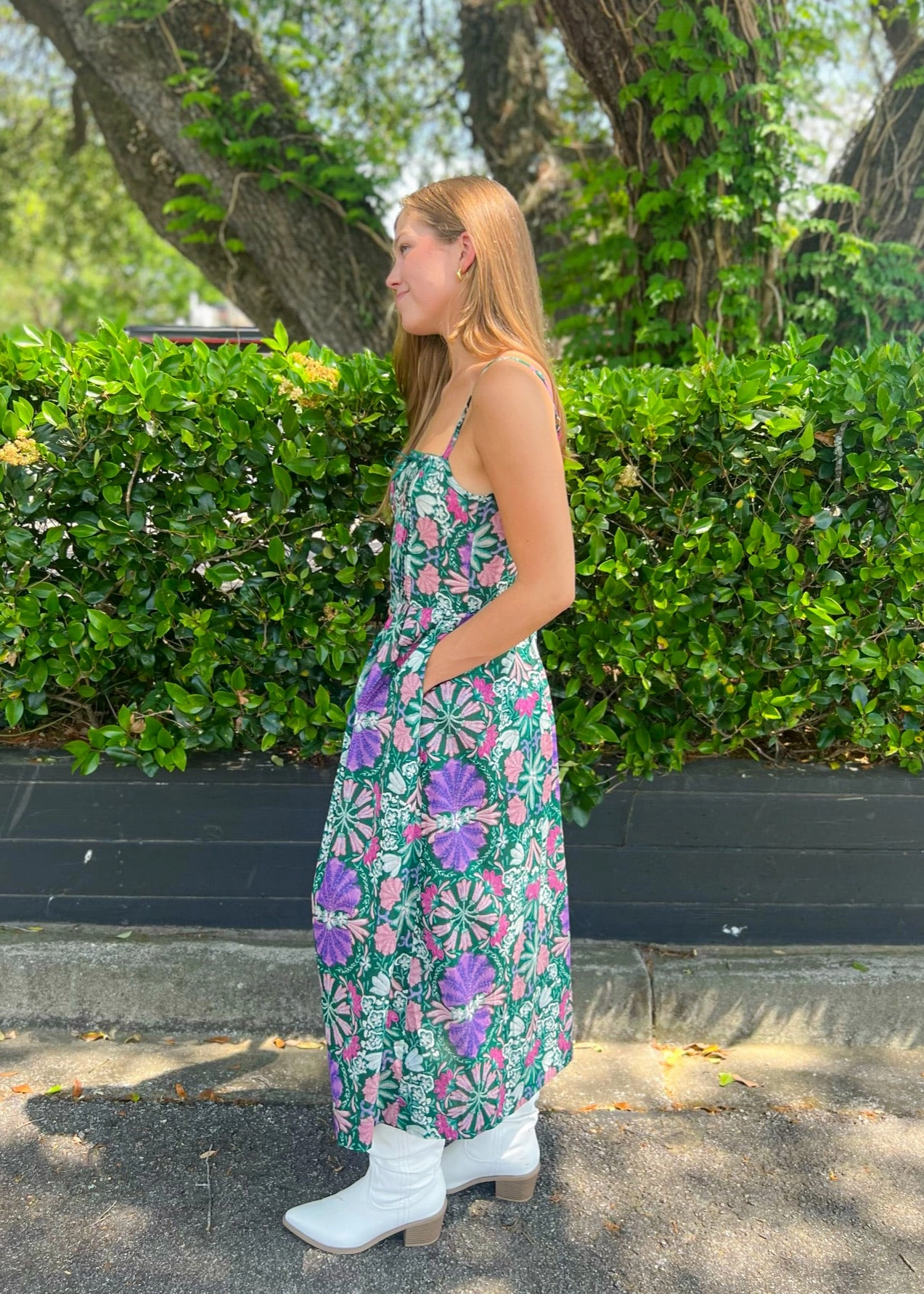 CATHERINE FLORAL OPEN-BACK MIDI DRESS Body Fit Casual Layering