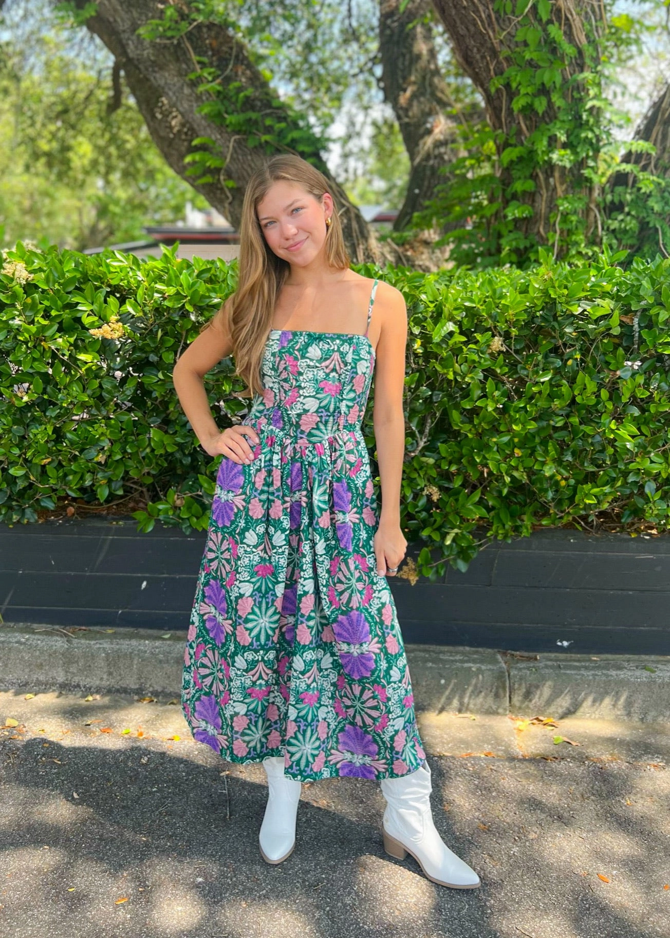 CATHERINE FLORAL OPEN-BACK MIDI DRESS Smooth Detail Velvet-Edge