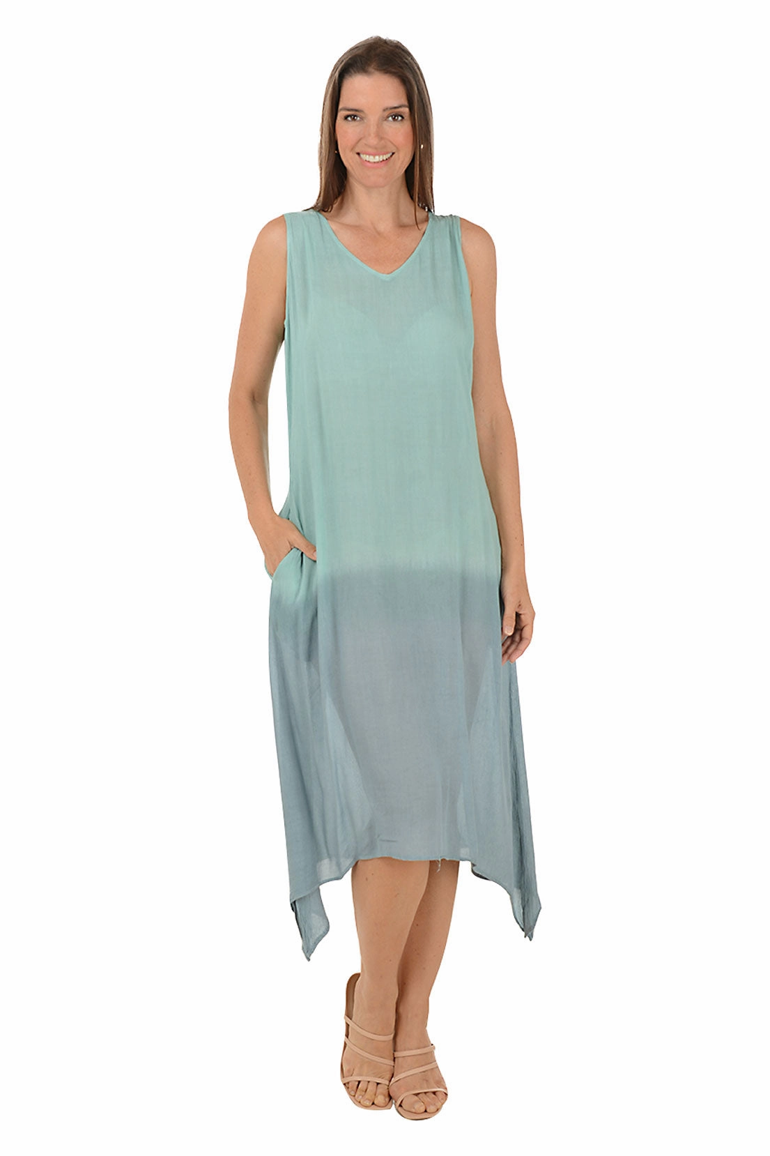 Chic and Cozy Wear Classic structured dress Celadon Dip-Dye Sleeveless Midi Dress