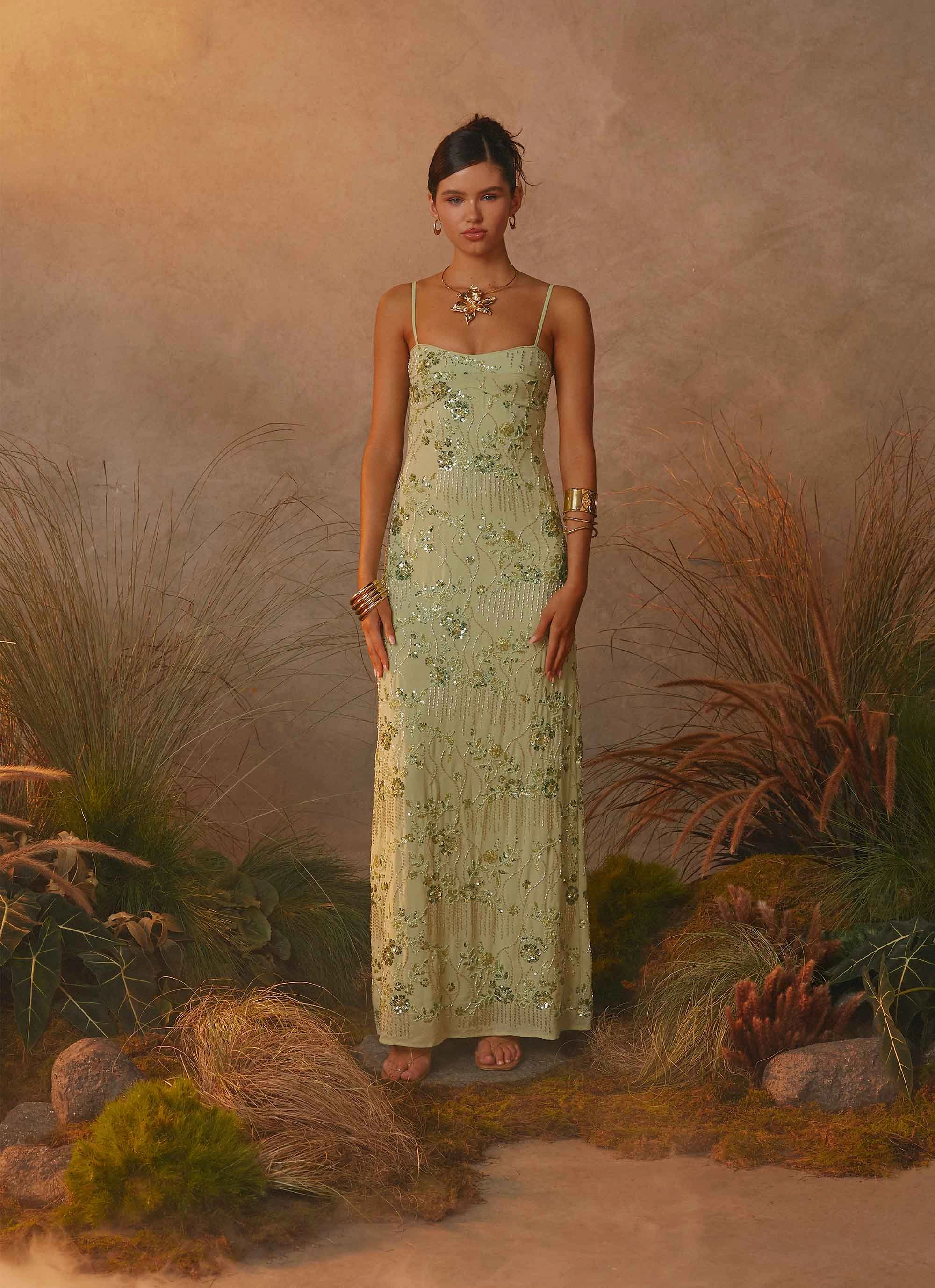 Celandine Beaded Maxi Dress - Lime Velvet-Edge Coffee Break