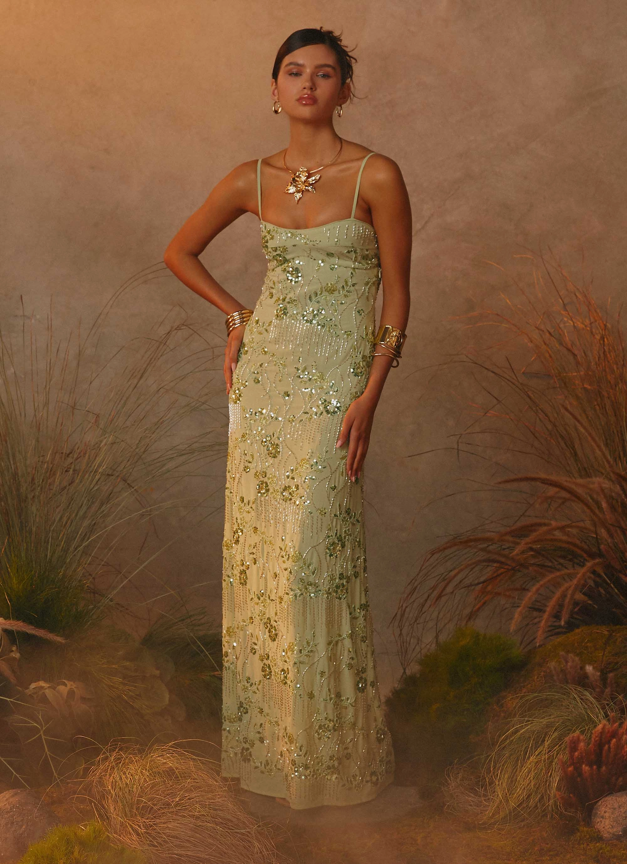 Celandine Beaded Maxi Dress - Lime Trendy And Comfortable