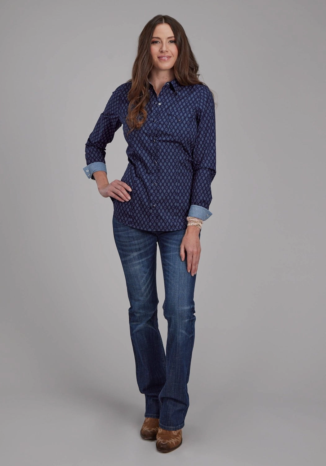 Solid Hue Roper Womens 2177 Aztecs Blue 100% Cotton L/S Shirt