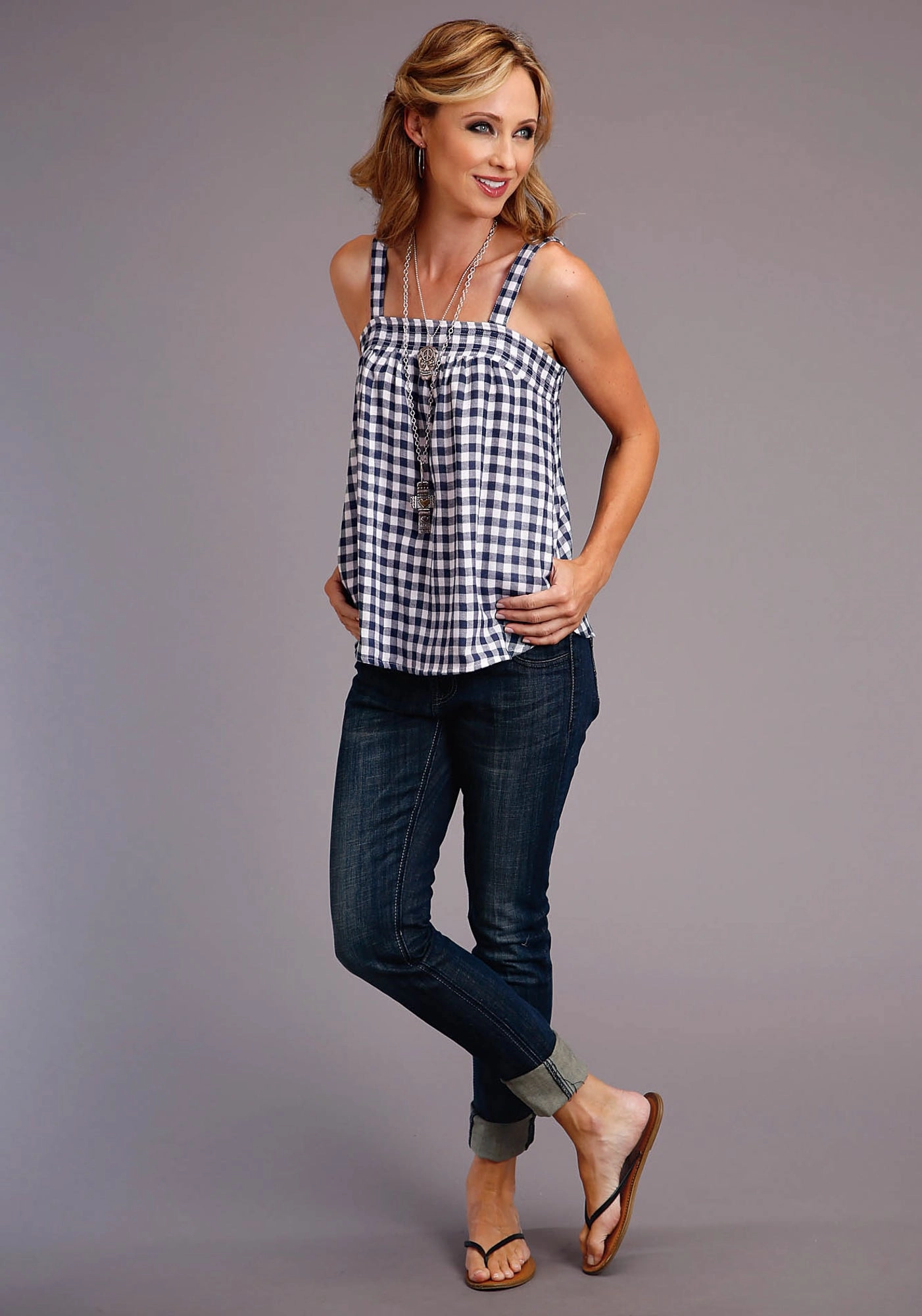 Stetson Womens Navy/White 100% Cotton Gingham S/L Cami Tank Top Mountain Retreat Year-Round Wear