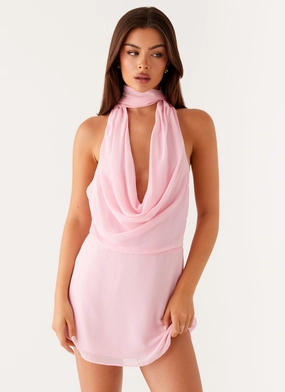 Chantal Backless Scarf Mini Dress - Pink Crystal-Detail Festive Mood