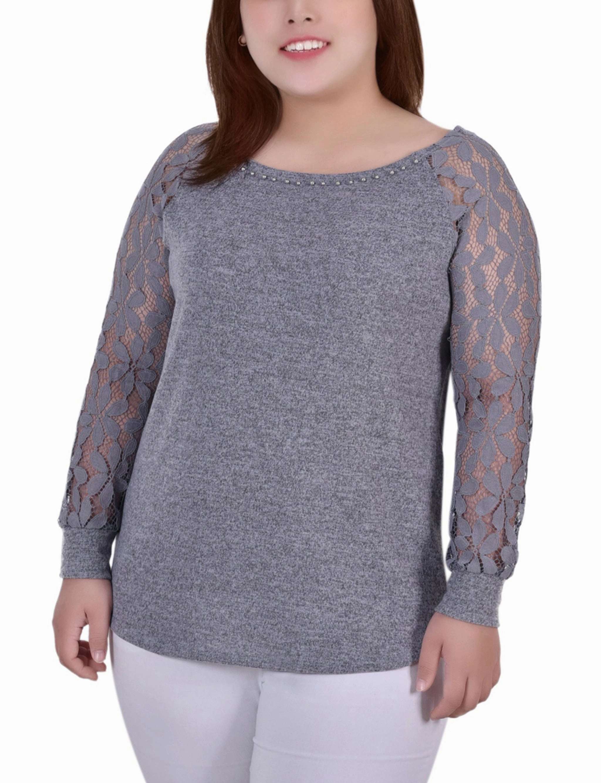 Plus Size Long Lace Sleeve Top Shine Soft