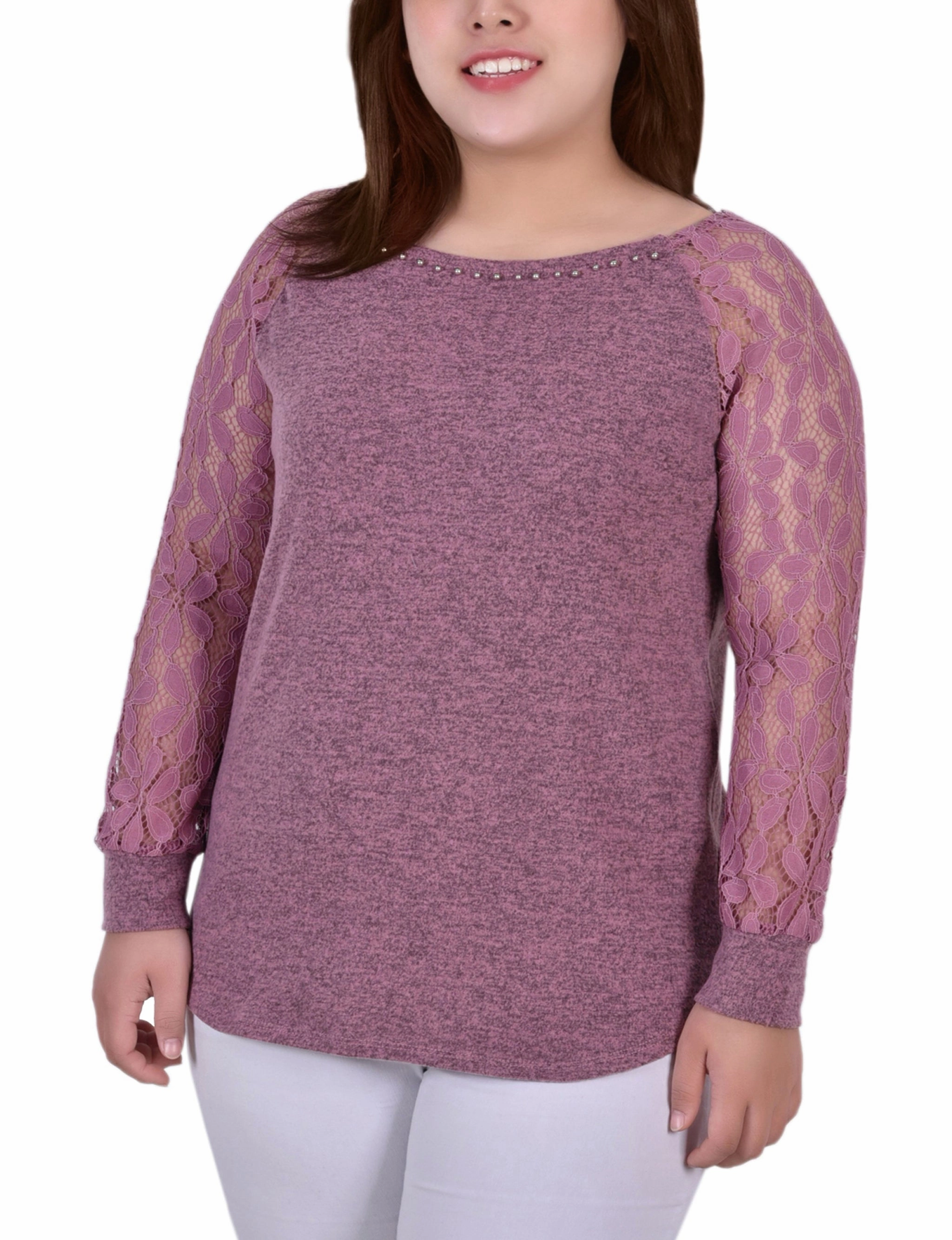 Beaded-Edge Clean Fit Plus Size Long Lace Sleeve Top
