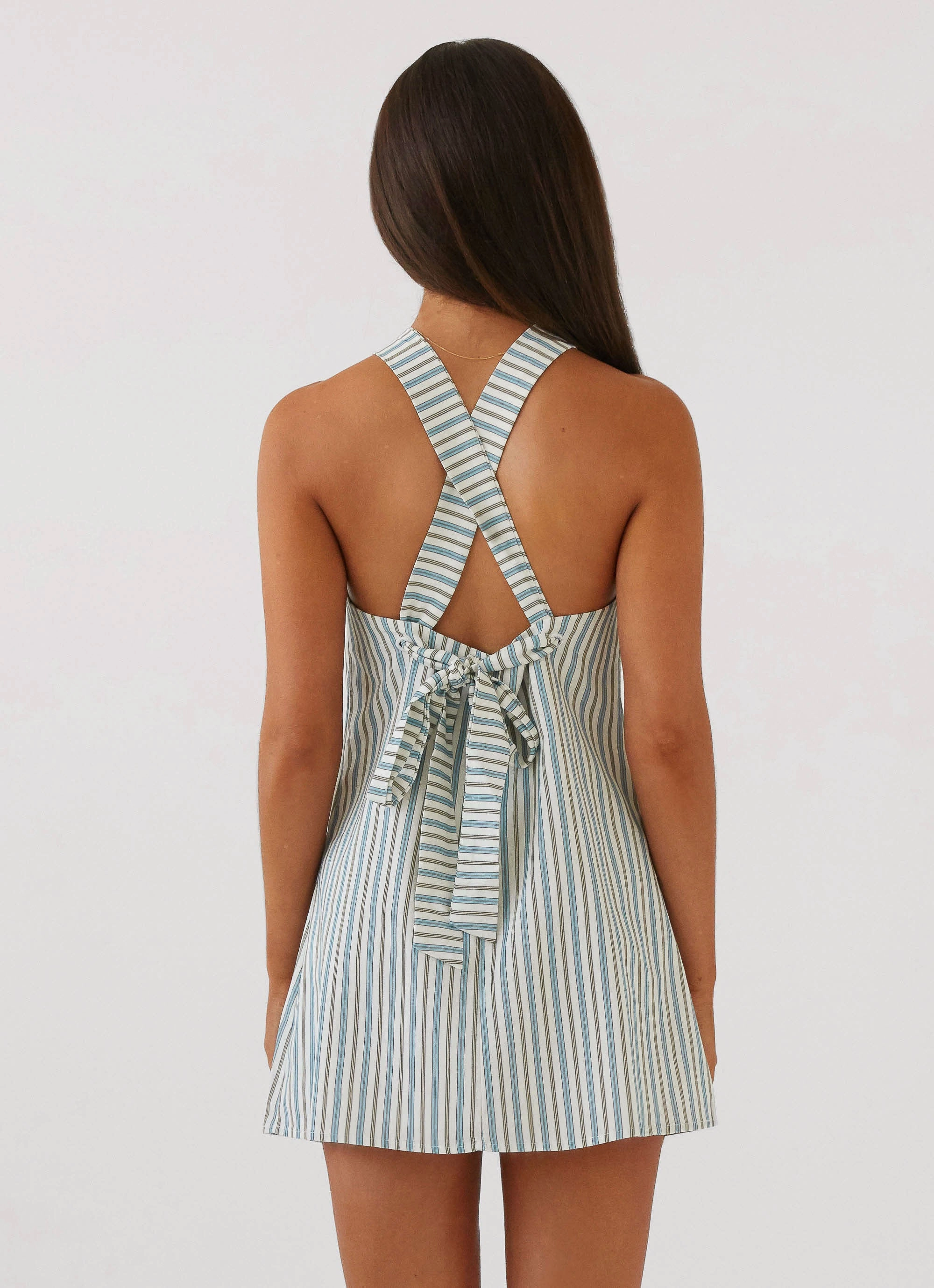 Keira Linen Mini Dress - Blue Choc Stripe Elegant Style Effortless Layering