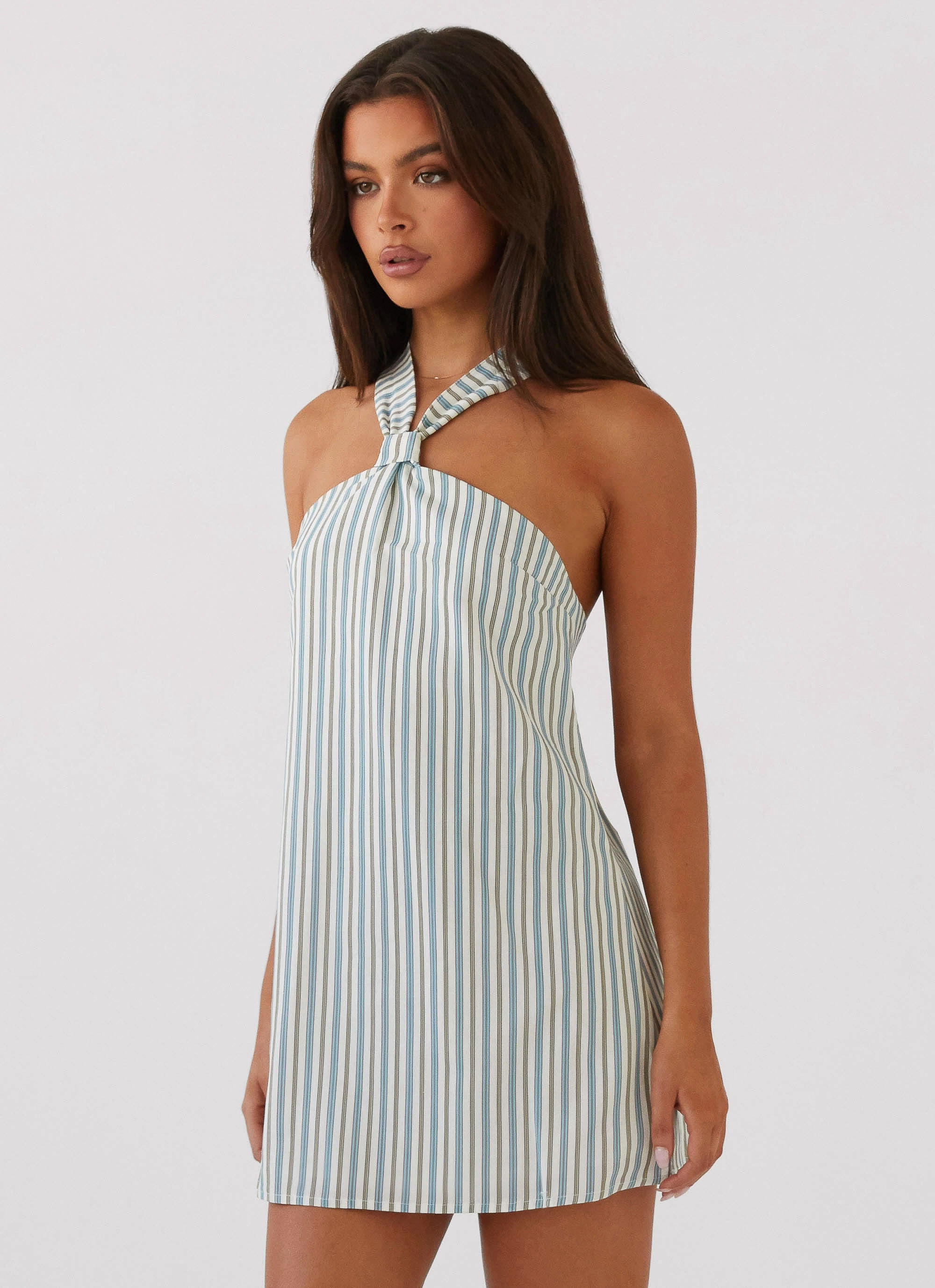 Keira Linen Mini Dress - Blue Choc Stripe Adjustable Straps Soft Curve