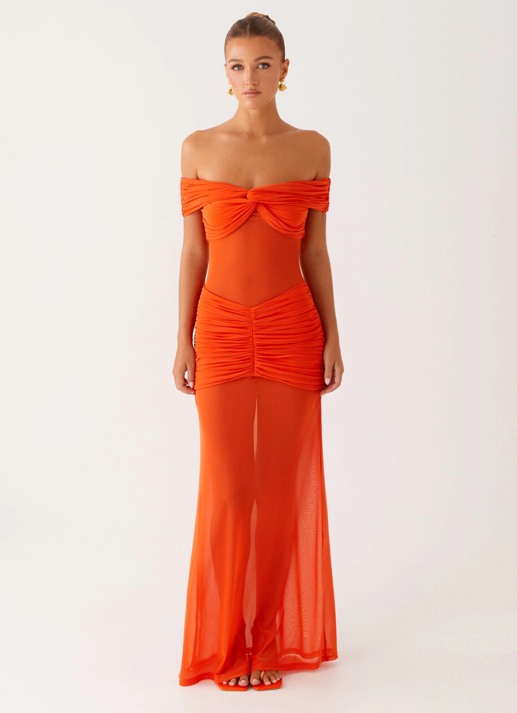 Charming Off Shoulder Maxi Dress - Orange Scandi Light
