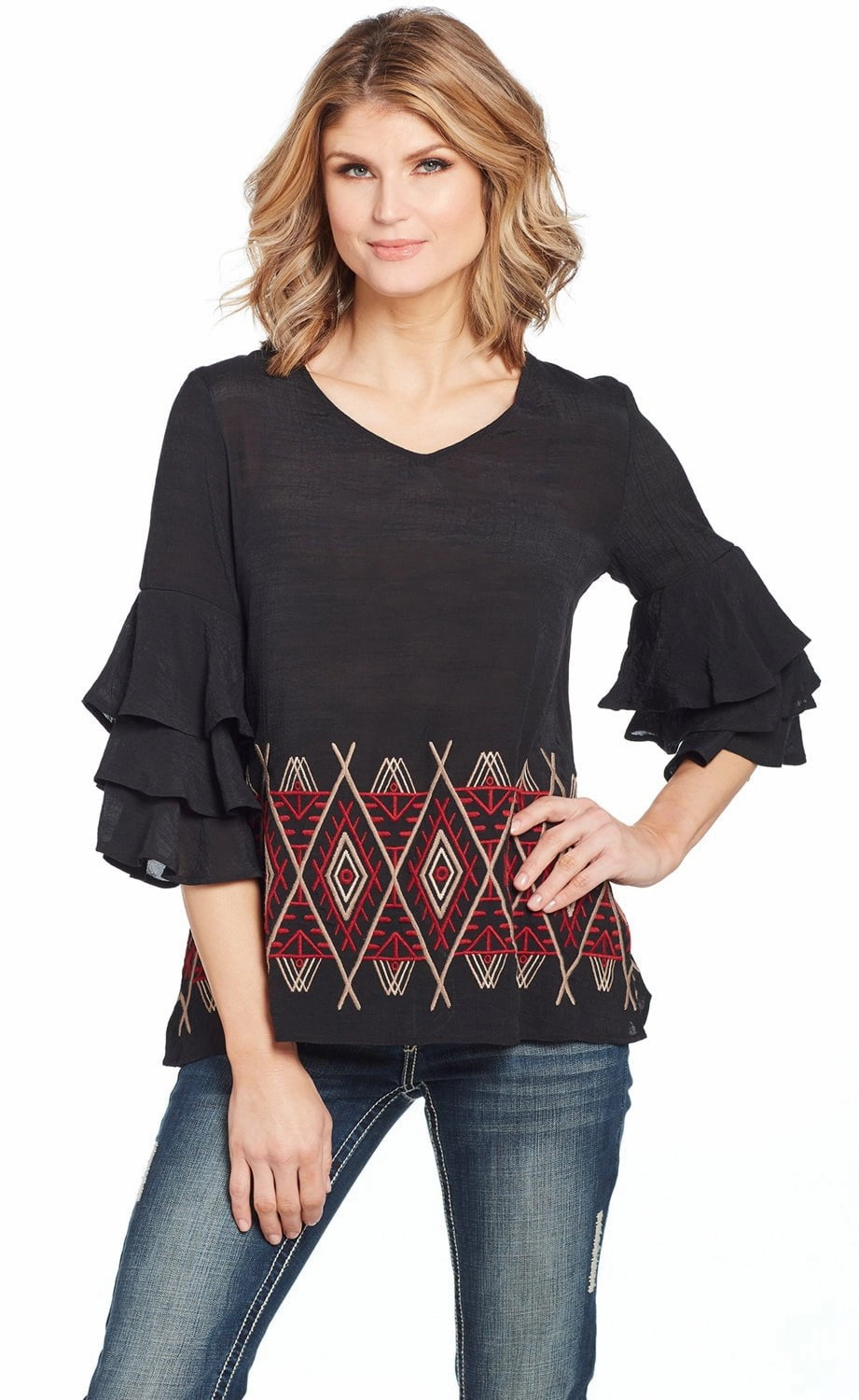 Cowgirl Up Womens Black/Red Rayon Geometric Ruffle Blouse S/S Layering Essential Festival Fashion