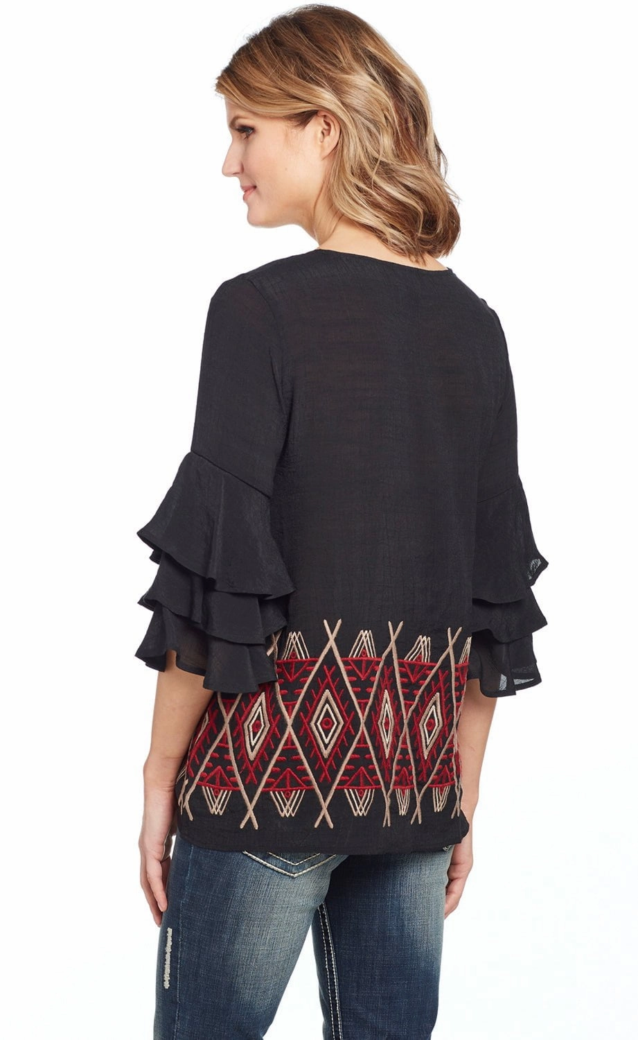 Cowgirl Up Womens Black/Red Rayon Geometric Ruffle Blouse S/S Organic Cotton