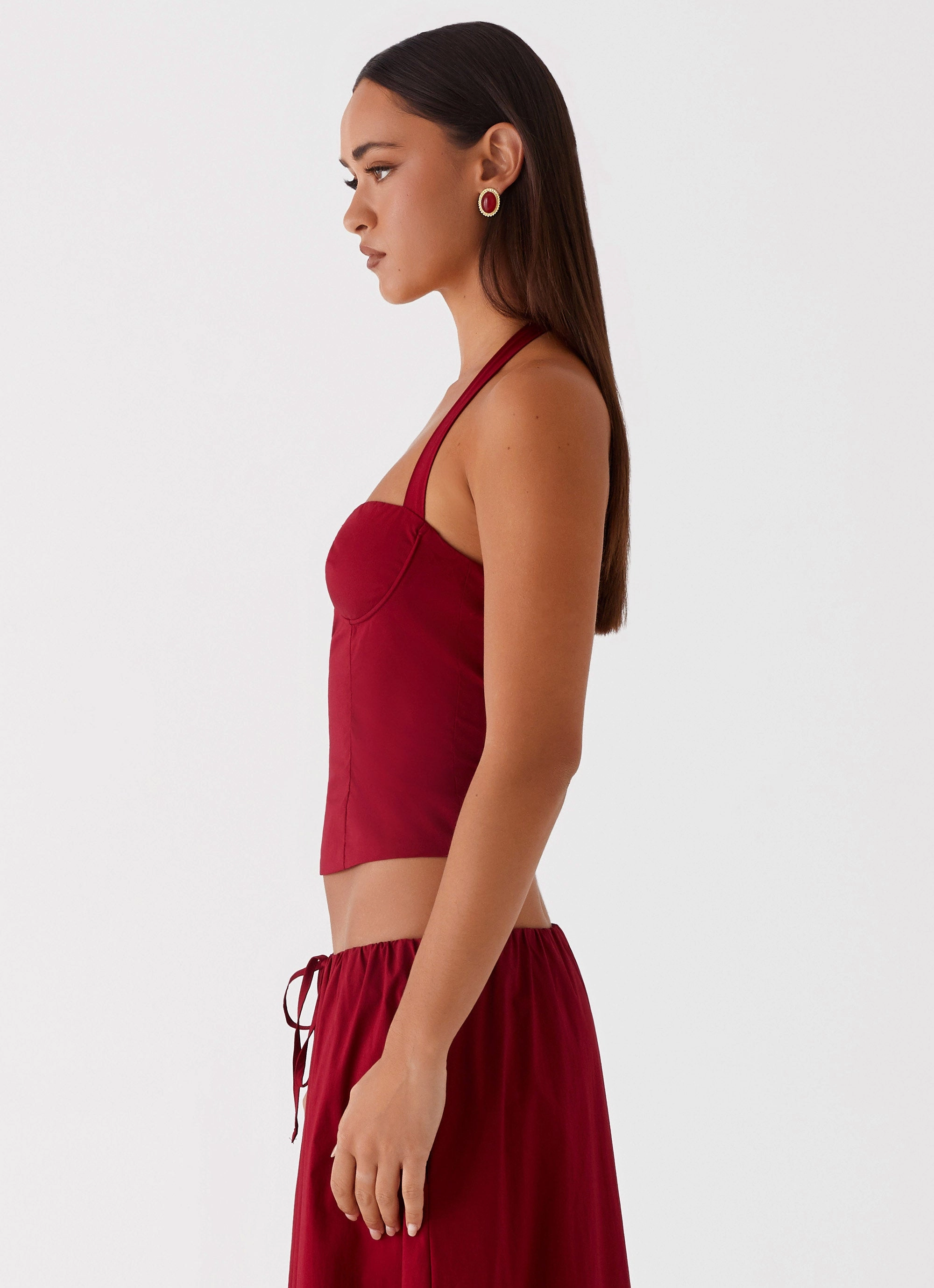 Sheer Overlay Cheryl Bustier Halter Top - Cherry Red