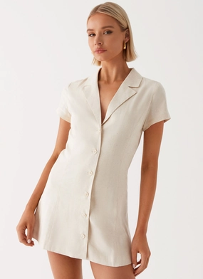 Russo Linen Mini Dress - Oatmeal Printed-Lining