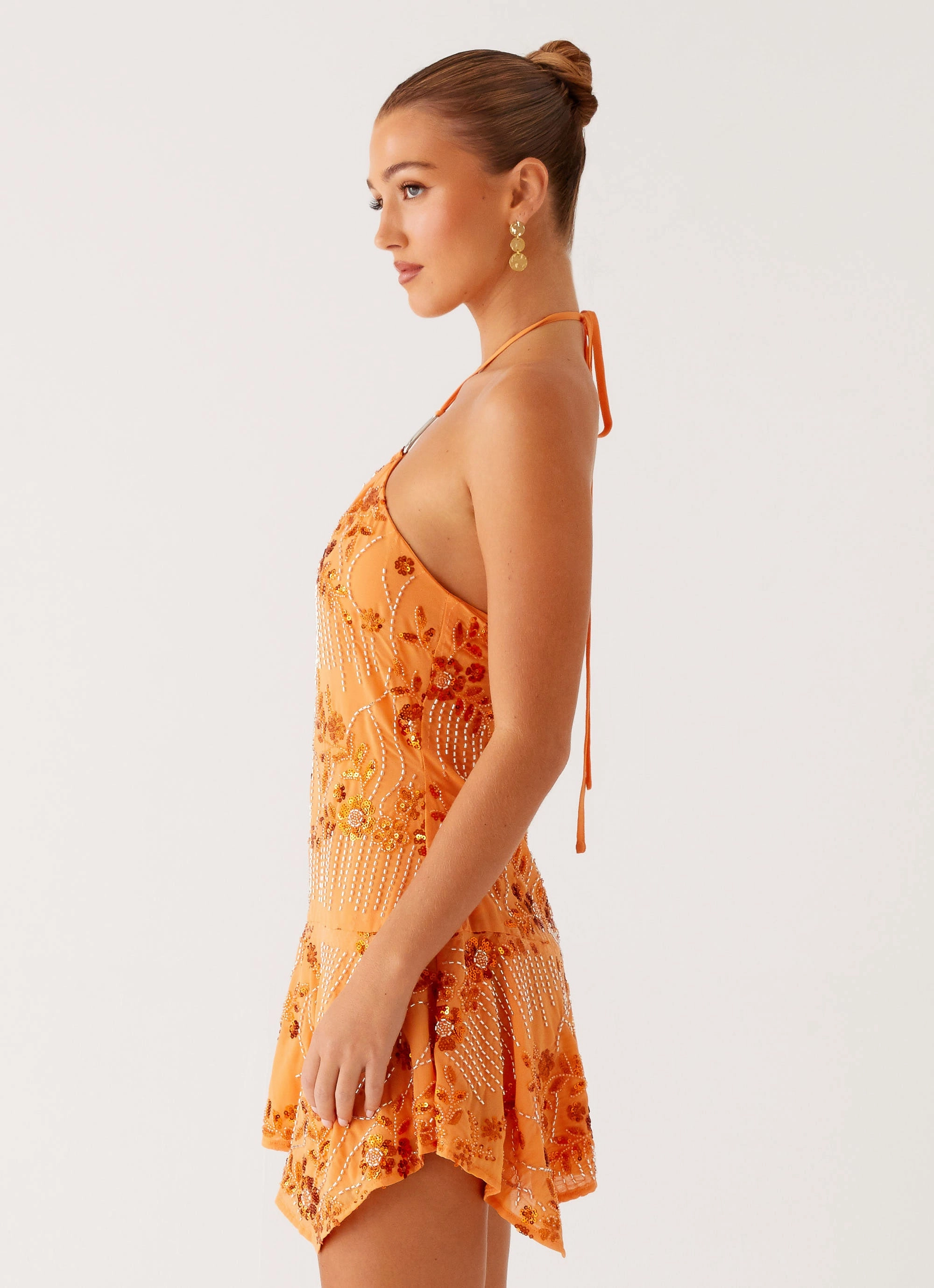Ampolia Halter Mini Dress - Orange Shared Glow Bold Look