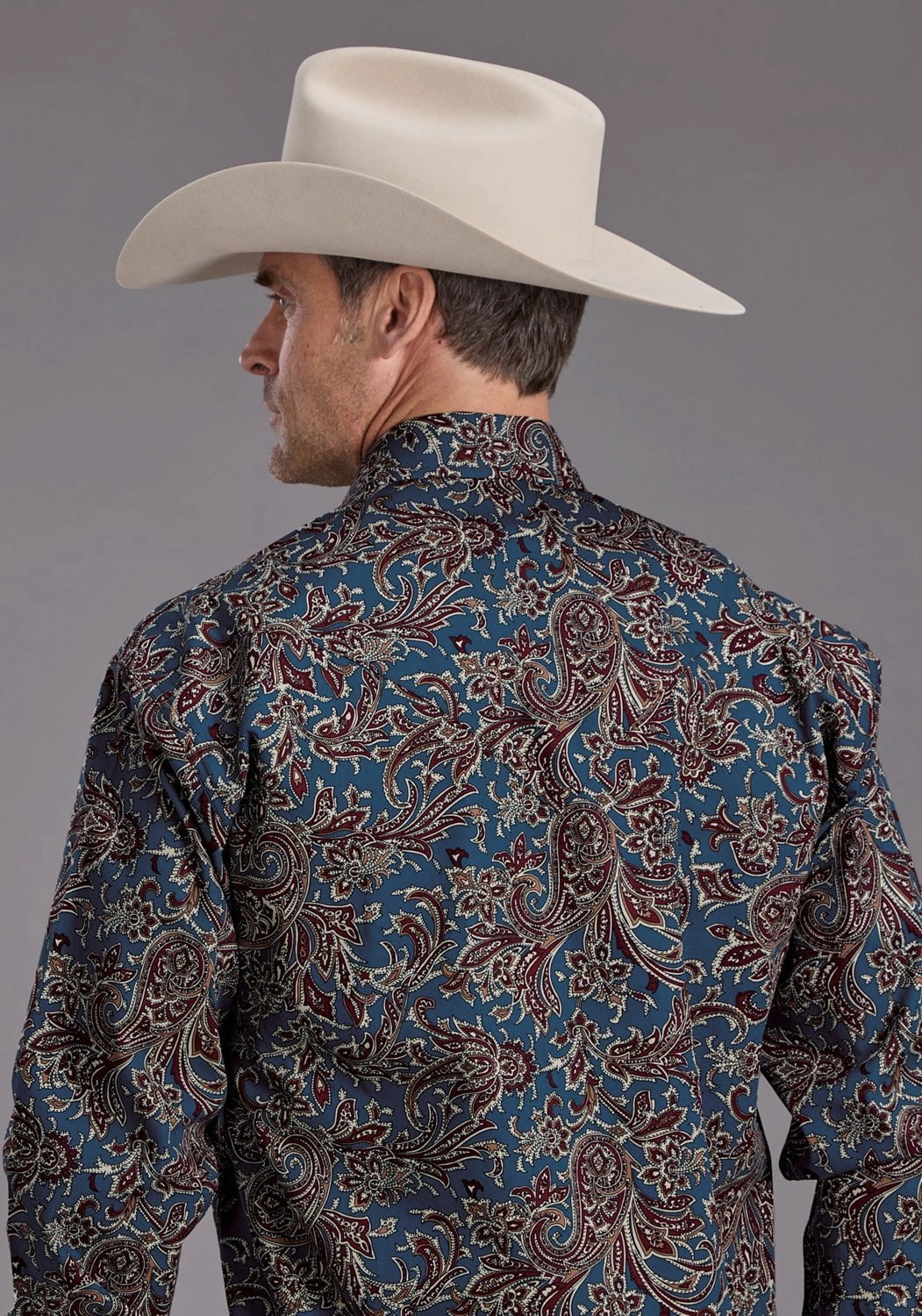 Stetson Mens Vintage Blue Paisley Blue 100% Cotton L/S Shirt Anti Pill Treatment Embellished Neckline