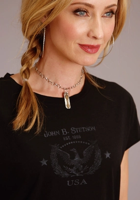 Stetson Womens Black 100% Cotton Eagle Usa S/S T-Shirt Casual Comfort