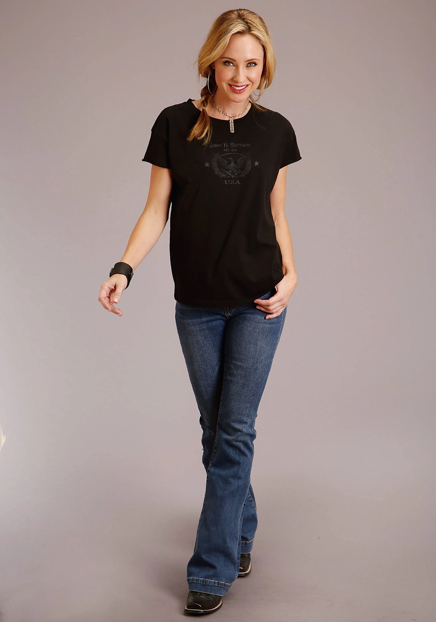 Breathable Lining Stretchable Material Stetson Womens Black 100% Cotton Eagle Usa S/S T-Shirt