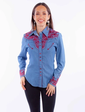 Scully Womens Embroidered Floral Blue/Cranberry Poly/Rayon L/S Shirt Fitted Silhouette