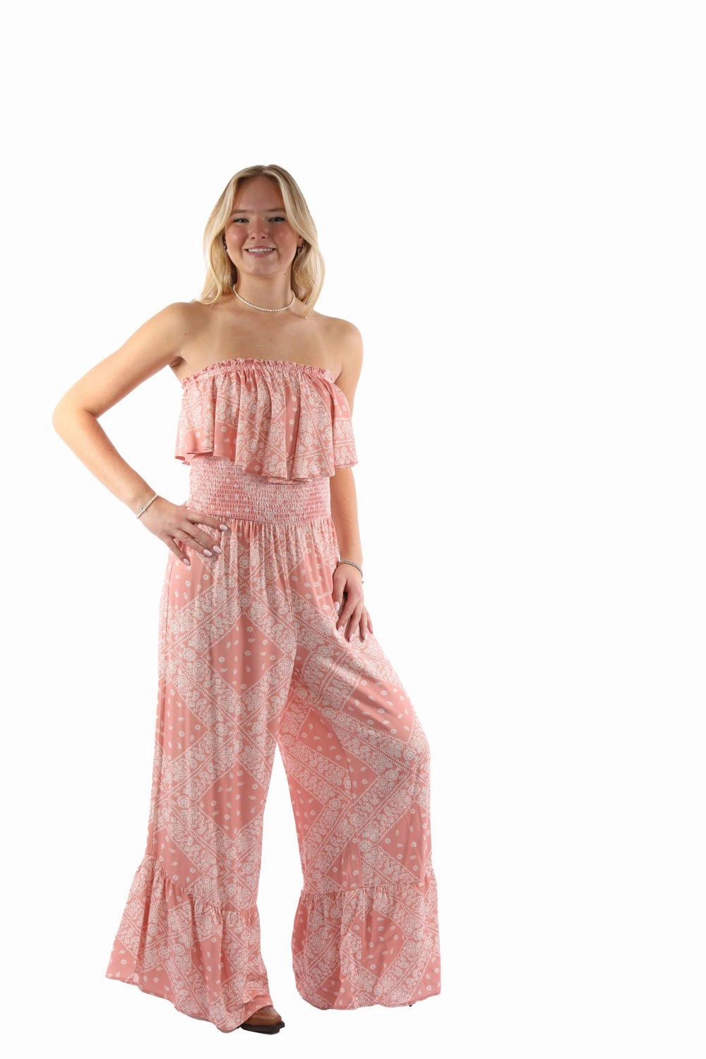 Scully Womens Strapless Ruffle Trim Dusty Pink Lyocell S/L Jumpsuit Street Look