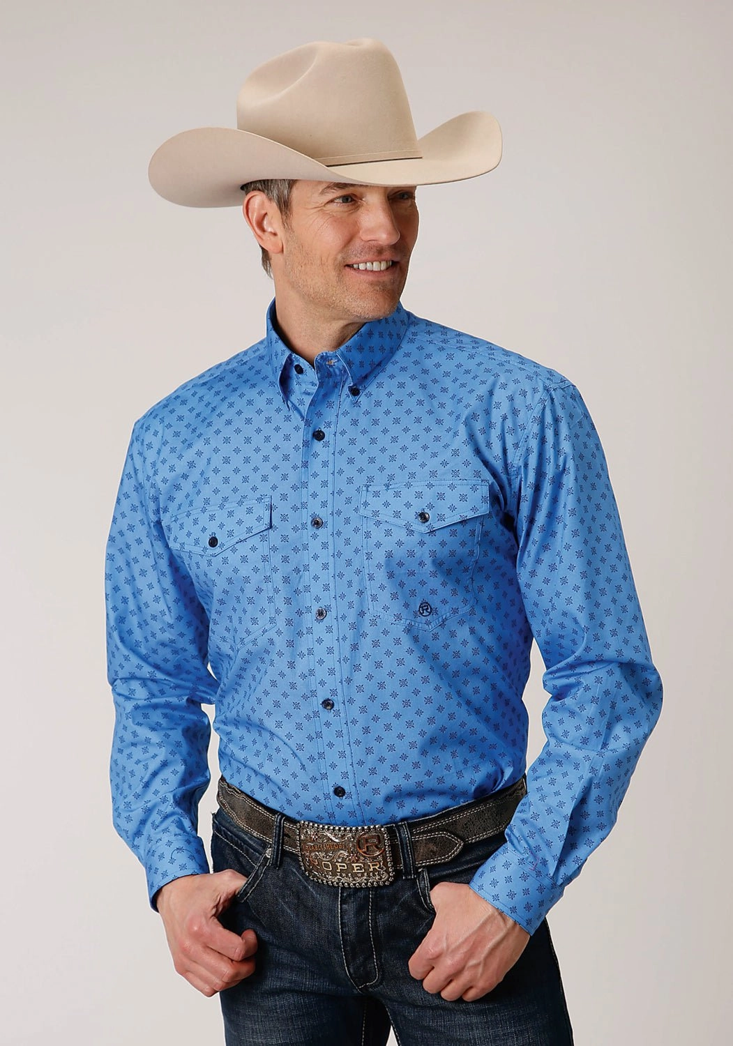 Non Static Finish Roper Mens Blue 100% Cotton Cottage Foulard BD L/S Btn Shirt