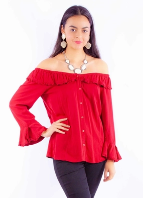 Sustainable Manufacturing Process Scully Womens Drapey Silhouette Red 100% Rayon L/S Blouse